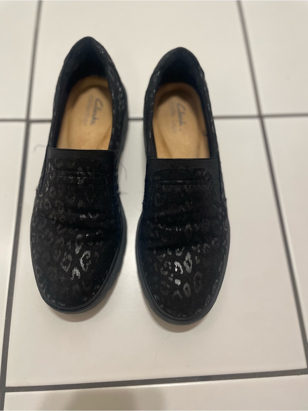 Clarks Black Leopard-Print Slip-On Loafers